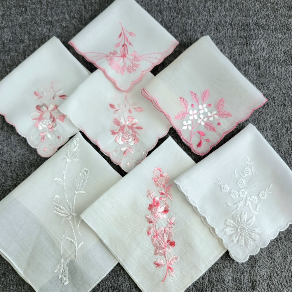 Vintage Handkerchiefs Lot of 7 White Pink Floral Embroidery, Scalloped Edge